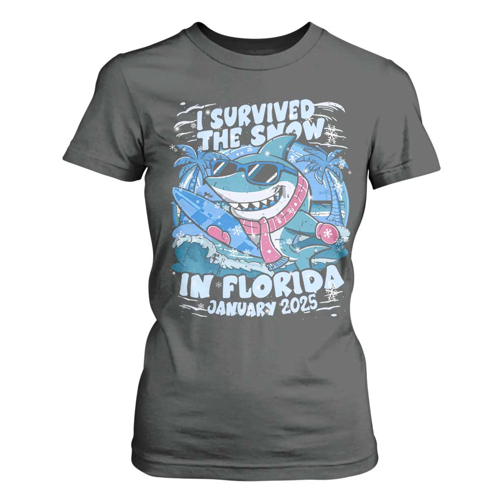 Funny I Survived The Snow In Florida 2025 T Shirt For Women Shark TS11 Dark Heather Print Your Wear