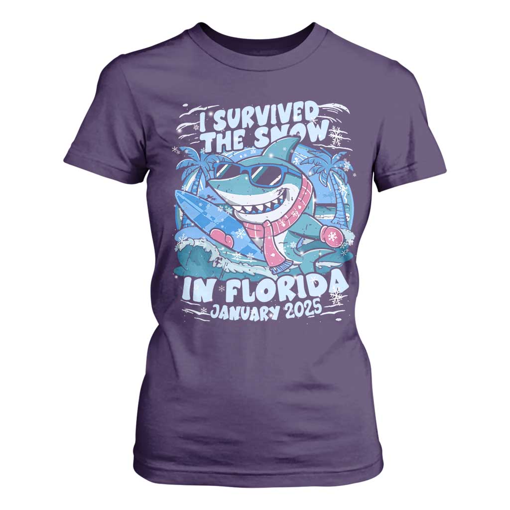 Funny I Survived The Snow In Florida 2025 T Shirt For Women Shark TS11 Purple Print Your Wear