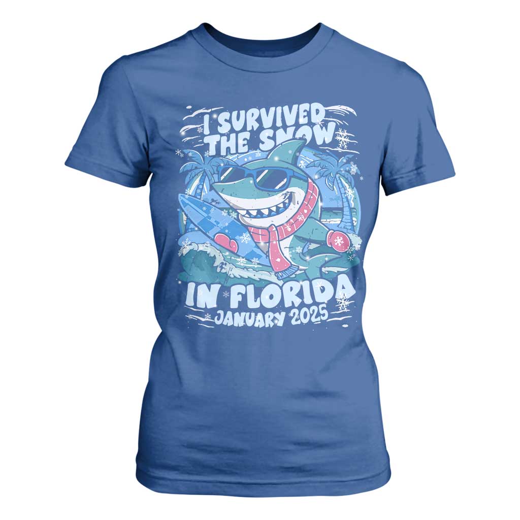 Funny I Survived The Snow In Florida 2025 T Shirt For Women Shark TS11 Royal Blue Print Your Wear