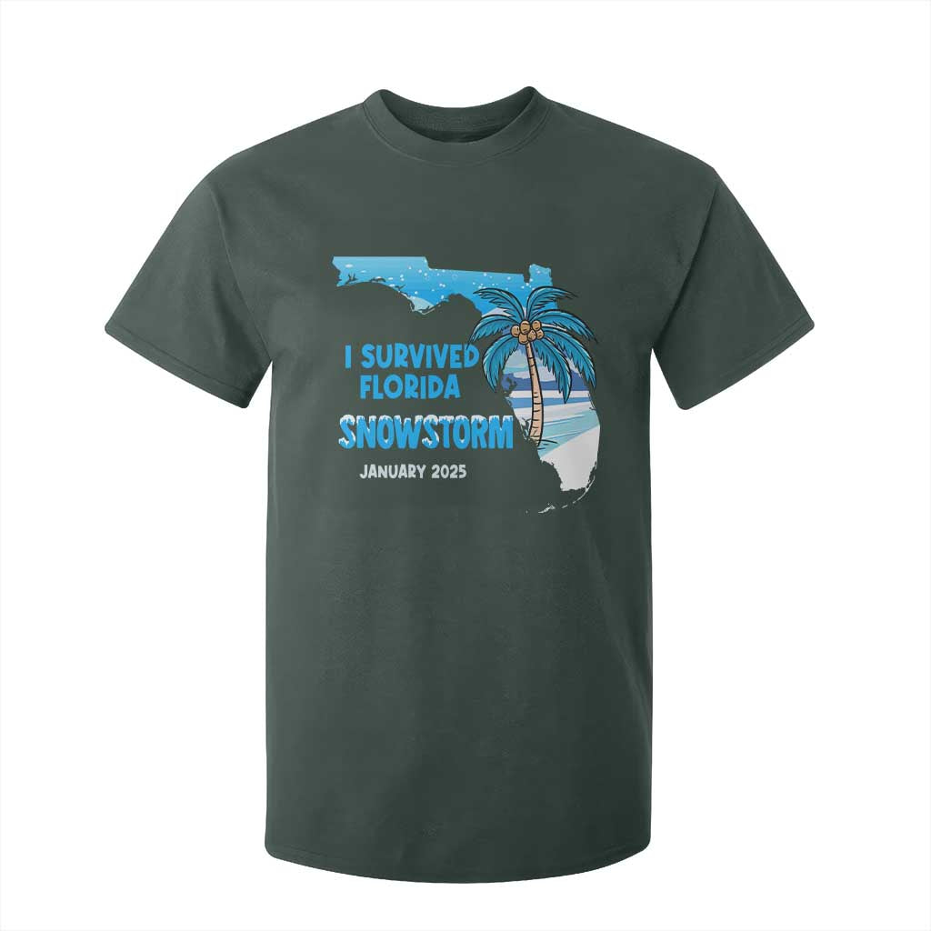 Funny I Survived Florida Snowstorm 2025 T Shirt For Kid Coconut Palm Tree TS11 Dark Forest Green Print Your Wear