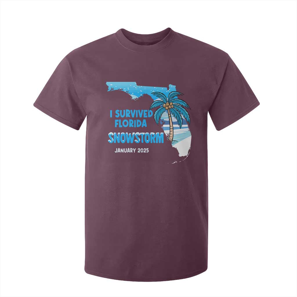 Funny I Survived Florida Snowstorm 2025 T Shirt For Kid Coconut Palm Tree TS11 Maroon Print Your Wear