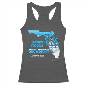 Funny I Survived Florida Snowstorm 2025 Racerback Tank Top Coconut Palm Tree TS11 Dark Heather Print Your Wear