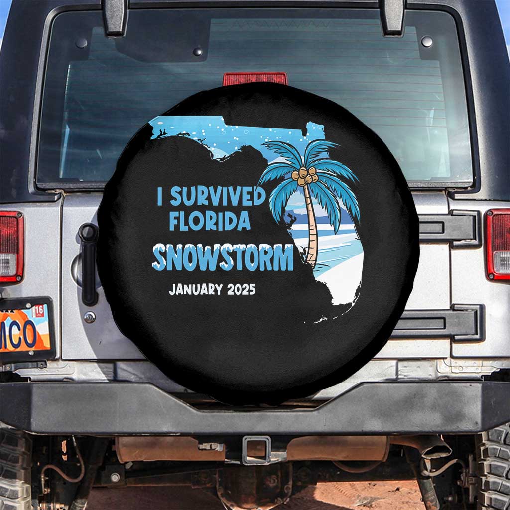 Funny I Survived Florida Snowstorm 2025 Spare Tire Cover Coconut Palm Tree TS11 No hole Black Print Your Wear