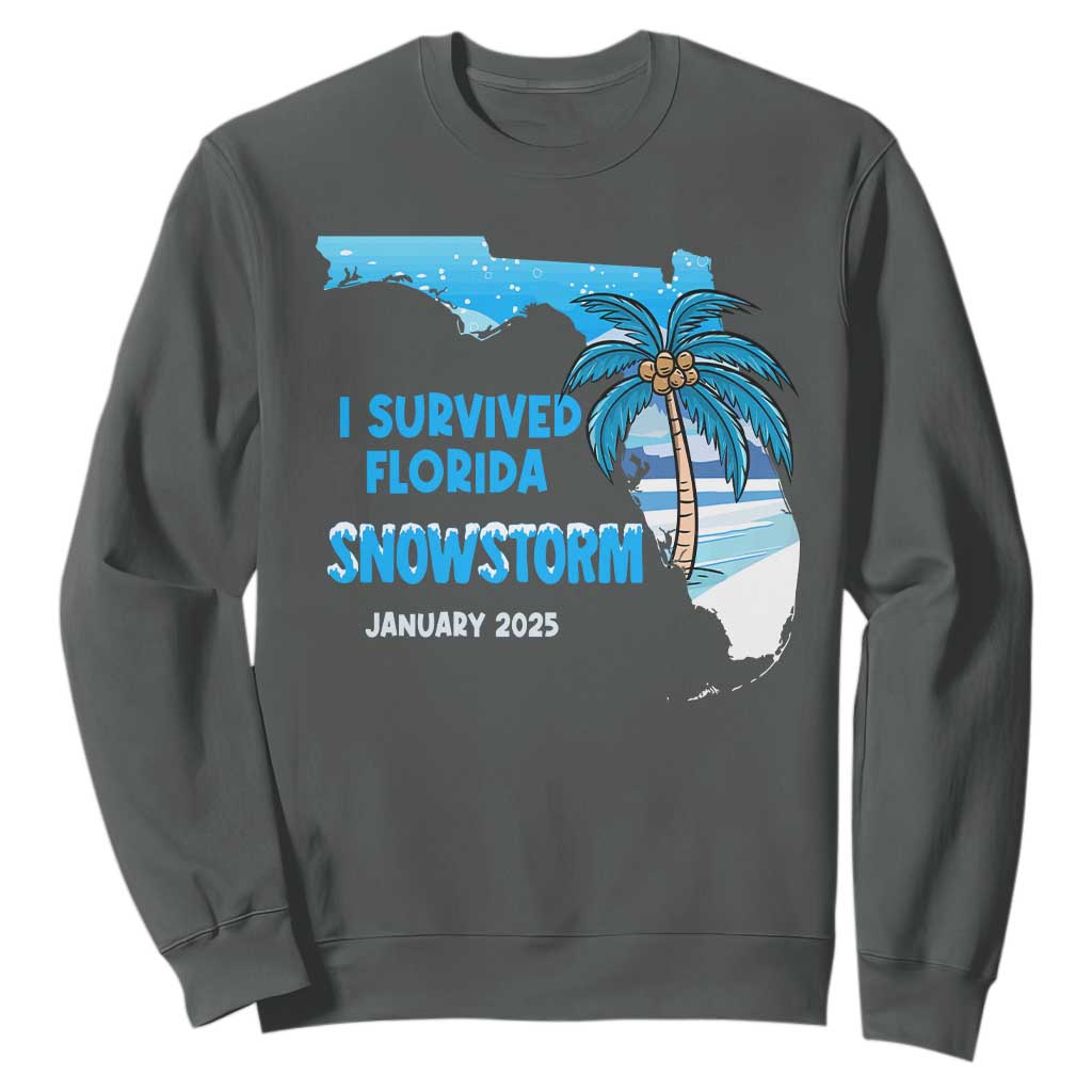 Funny I Survived Florida Snowstorm 2025 Sweatshirt Coconut Palm Tree TS11 Dark Heather Print Your Wear