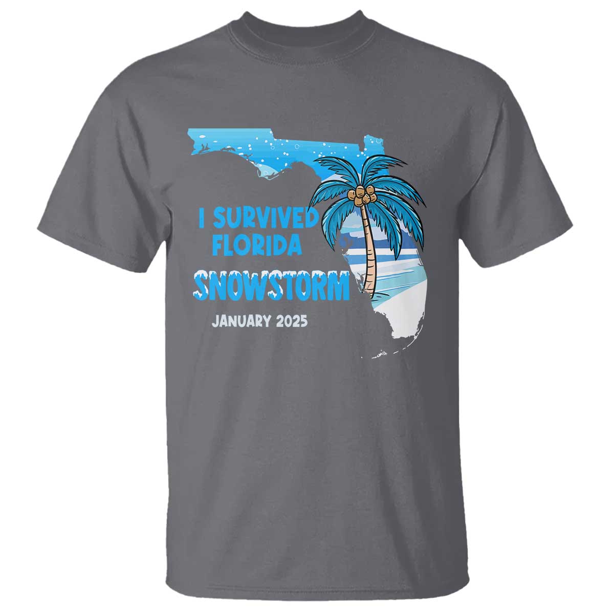 Funny I Survived Florida Snowstorm 2025 T Shirt Coconut Palm Tree TS11 Charcoal Print Your Wear