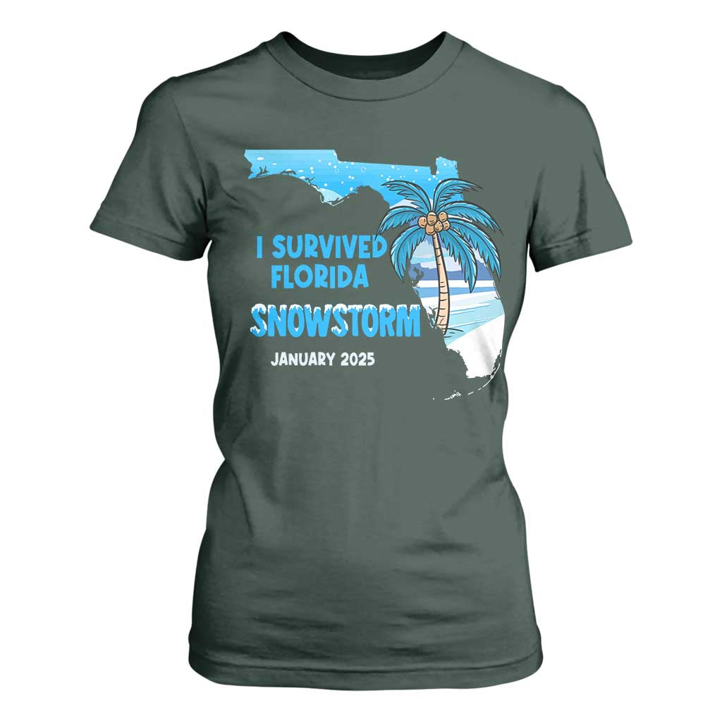 Funny I Survived Florida Snowstorm 2025 T Shirt For Women Coconut Palm Tree TS11 Dark Forest Green Print Your Wear