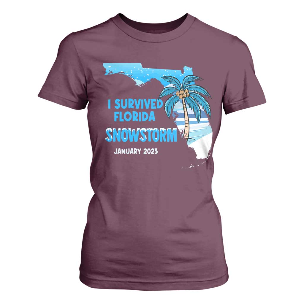 Funny I Survived Florida Snowstorm 2025 T Shirt For Women Coconut Palm Tree TS11 Maroon Print Your Wear