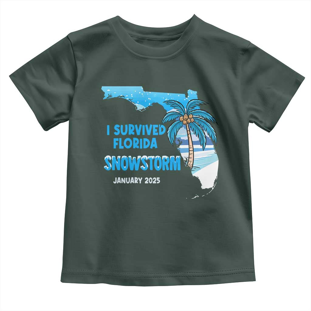 Funny I Survived Florida Snowstorm 2025 Toddler T Shirt Coconut Palm Tree TS11 Dark Forest Green Print Your Wear