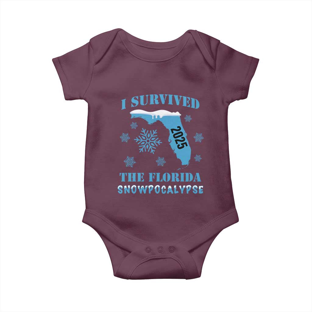 Funny I Survived The Florida Snowpocalypse 2025 Baby Onesie Snowflakes TS11 Maroon Print Your Wear