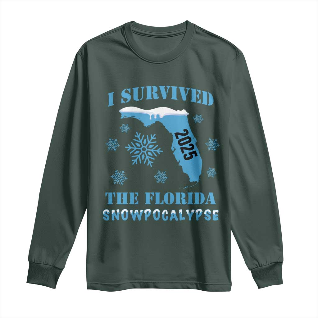 Funny I Survived The Florida Snowpocalypse 2025 Long Sleeve Shirt Snowflakes TS11 Dark Forest Green Print Your Wear