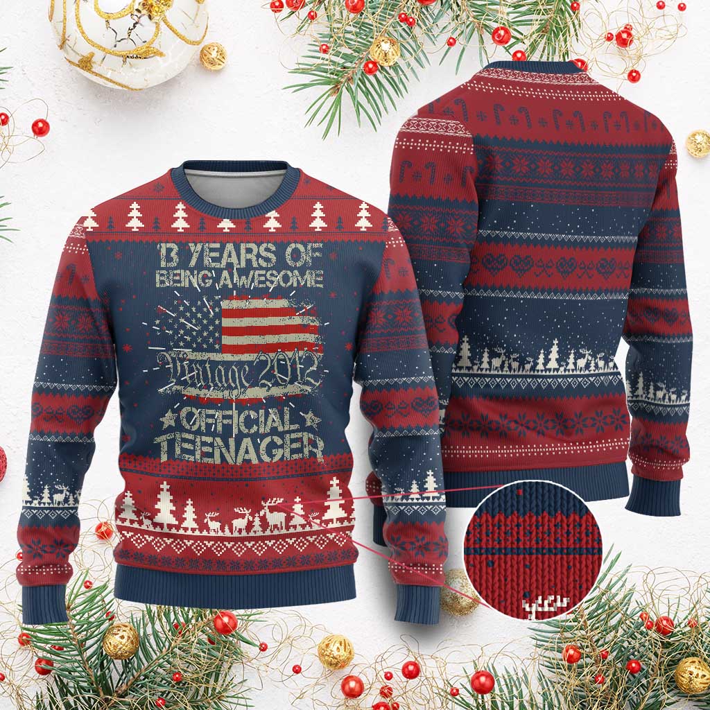 Funny 13th Birthday Knit Sweatshirt Vintage 2012 Official Teenager 13 Years Of Being Awesome USA Flag TS11 Burgundy Print Your Wear