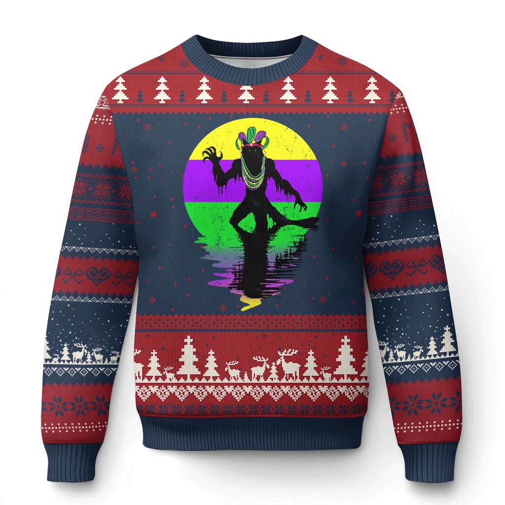 Funny Mardi Gras Rougarou Ugly Christmas Sweater Beads Carnival Cryptids Of Louisiana TS11 Navy Red Print Your Wear
