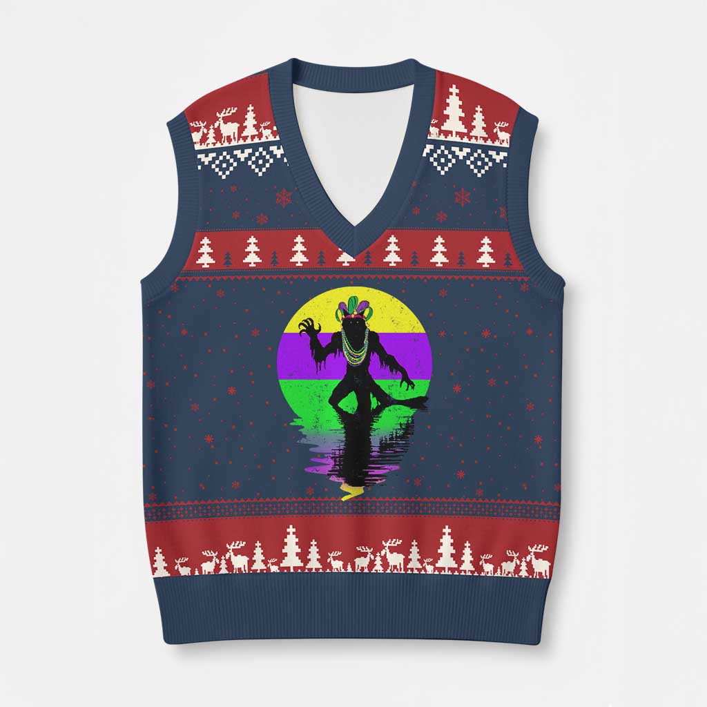 Funny Mardi Gras Rougarou V-Neck Knit Sweater Vest Beads Carnival Cryptids Of Louisiana TS11 Navy Red Print Your Wear