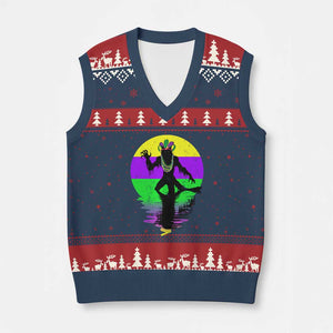 Funny Mardi Gras Rougarou V-Neck Knit Sweater Vest Beads Carnival Cryptids Of Louisiana TS11 Navy Red Print Your Wear