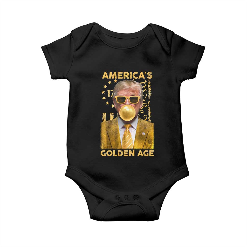 Funny Trump 2025 American's Golden Age Baby Onesie Trump Bubble Gum Gold American Flag TS11 Black Print Your Wear