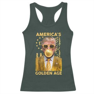 Funny Trump 2025 American's Golden Age Racerback Tank Top Trump Bubble Gum Gold American Flag TS11 Dark Forest Green Print Your Wear