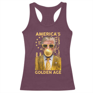 Funny Trump 2025 American's Golden Age Racerback Tank Top Trump Bubble Gum Gold American Flag TS11 Maroon Print Your Wear