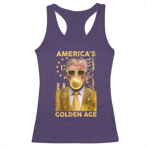 Funny Trump 2025 American's Golden Age Racerback Tank Top Trump Bubble Gum Gold American Flag TS11 Purple Print Your Wear