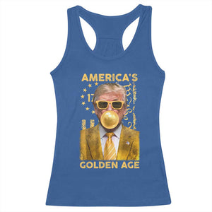 Funny Trump 2025 American's Golden Age Racerback Tank Top Trump Bubble Gum Gold American Flag TS11 Royal Blue Print Your Wear