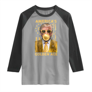 Funny Trump 2025 American's Golden Age Raglan Shirt Trump Bubble Gum Gold American Flag TS11 Sport Gray Black Print Your Wear