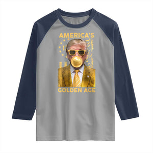 Funny Trump 2025 American's Golden Age Raglan Shirt Trump Bubble Gum Gold American Flag TS11 Sport Gray Navy Print Your Wear