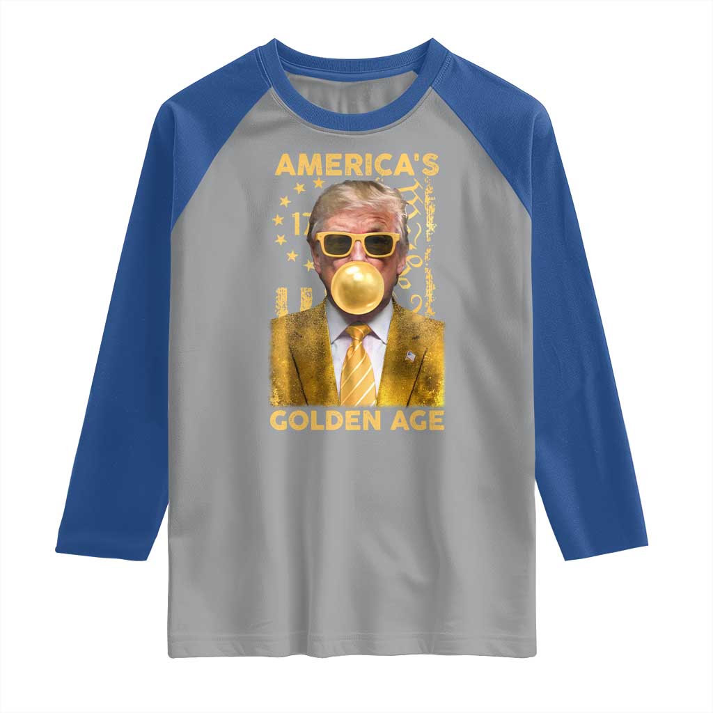 Funny Trump 2025 American's Golden Age Raglan Shirt Trump Bubble Gum Gold American Flag TS11 Sport Gray Royal Print Your Wear