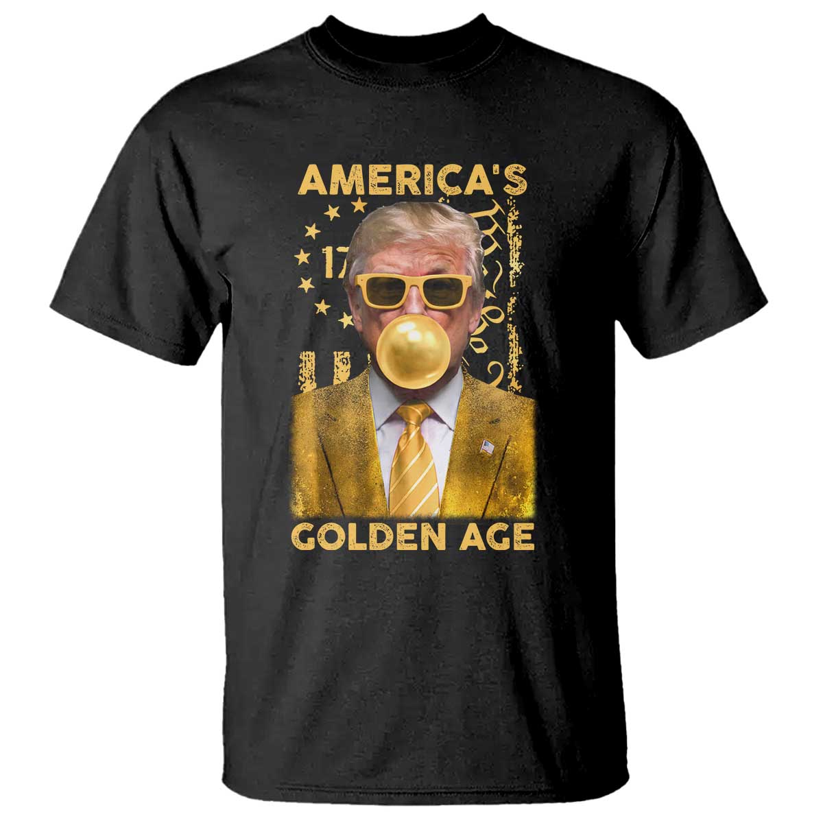 Funny Trump 2025 American's Golden Age T Shirt Trump Bubble Gum Gold American Flag TS11 Black Print Your Wear