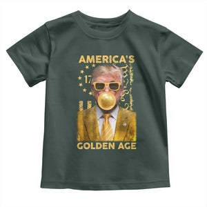 Funny Trump 2025 American's Golden Age Toddler T Shirt Trump Bubble Gum Gold American Flag TS11 Dark Forest Green Print Your Wear