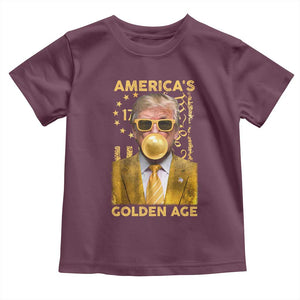 Funny Trump 2025 American's Golden Age Toddler T Shirt Trump Bubble Gum Gold American Flag TS11 Maroon Print Your Wear