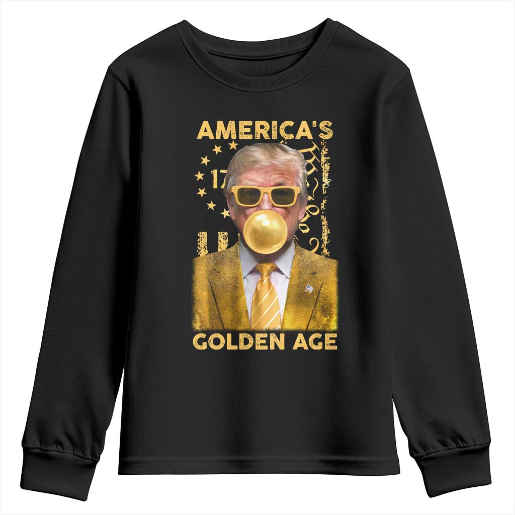 Funny Trump 2025 American's Golden Age Youth Sweatshirt Trump Bubble Gum Gold American Flag TS11 Black Print Your Wear