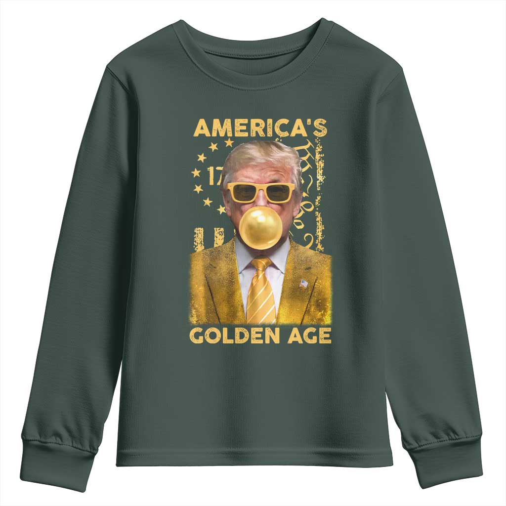 Funny Trump 2025 American's Golden Age Youth Sweatshirt Trump Bubble Gum Gold American Flag TS11 Dark Forest Green Print Your Wear
