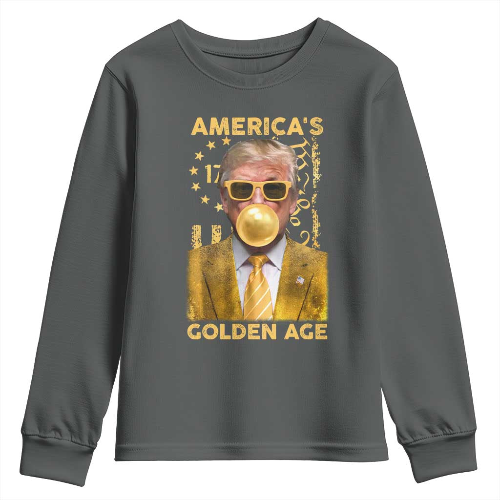 Funny Trump 2025 American's Golden Age Youth Sweatshirt Trump Bubble Gum Gold American Flag TS11 Dark Heather Print Your Wear
