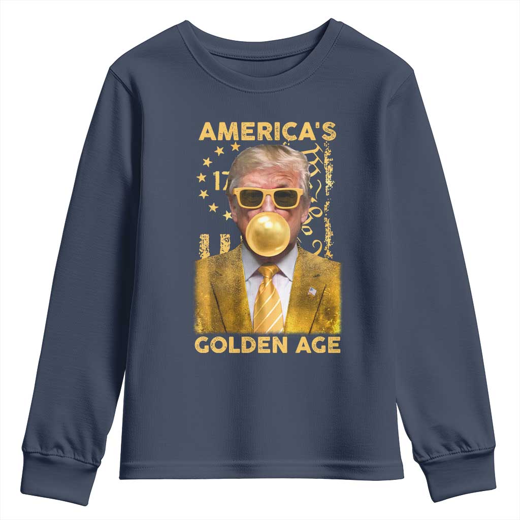 Funny Trump 2025 American's Golden Age Youth Sweatshirt Trump Bubble Gum Gold American Flag TS11 Navy Print Your Wear