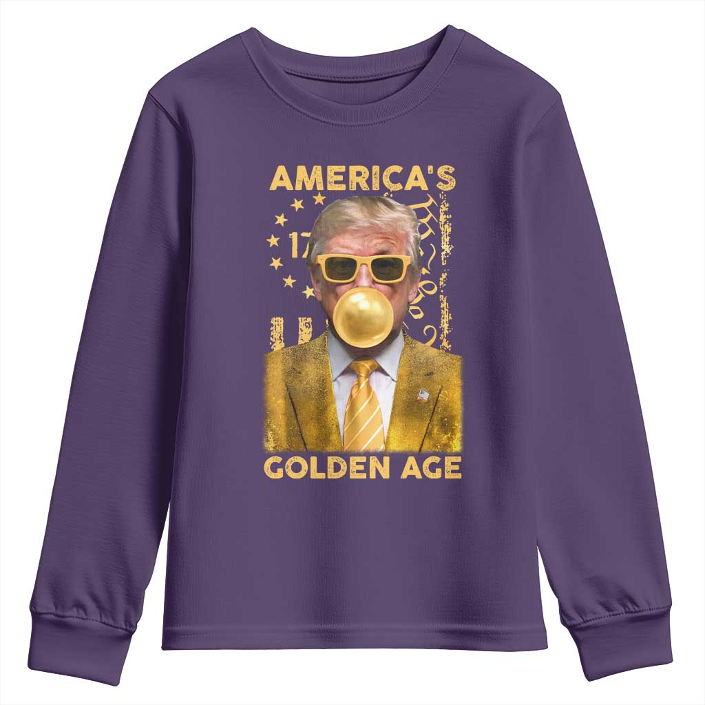 Funny Trump 2025 American's Golden Age Youth Sweatshirt Trump Bubble Gum Gold American Flag TS11 Purple Print Your Wear
