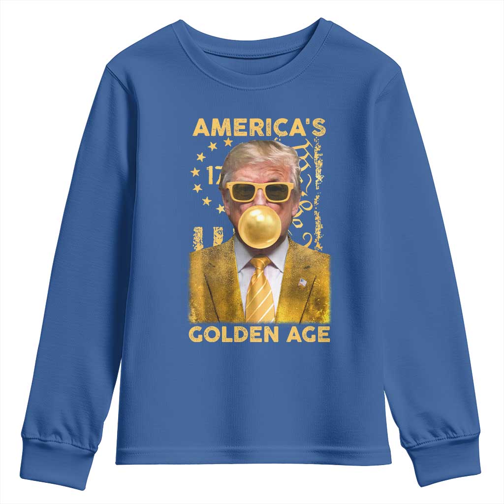 Funny Trump 2025 American's Golden Age Youth Sweatshirt Trump Bubble Gum Gold American Flag TS11 Royal Blue Print Your Wear
