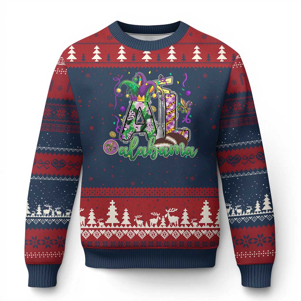 Funny Mardi Gras In Alabama AL Ugly Christmas Sweater Moon Pie Jester Hat TS11 Navy Red Print Your Wear