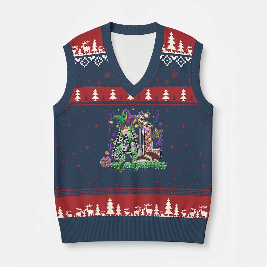 Funny Mardi Gras In Alabama AL V-Neck Knit Sweater Vest Moon Pie Jester Hat TS11 Navy Red Print Your Wear