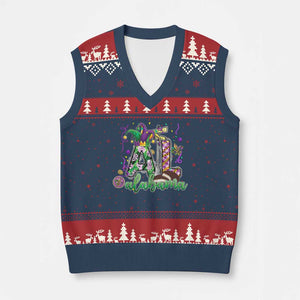 Funny Mardi Gras In Alabama AL V-Neck Knit Sweater Vest Moon Pie Jester Hat TS11 Navy Red Print Your Wear