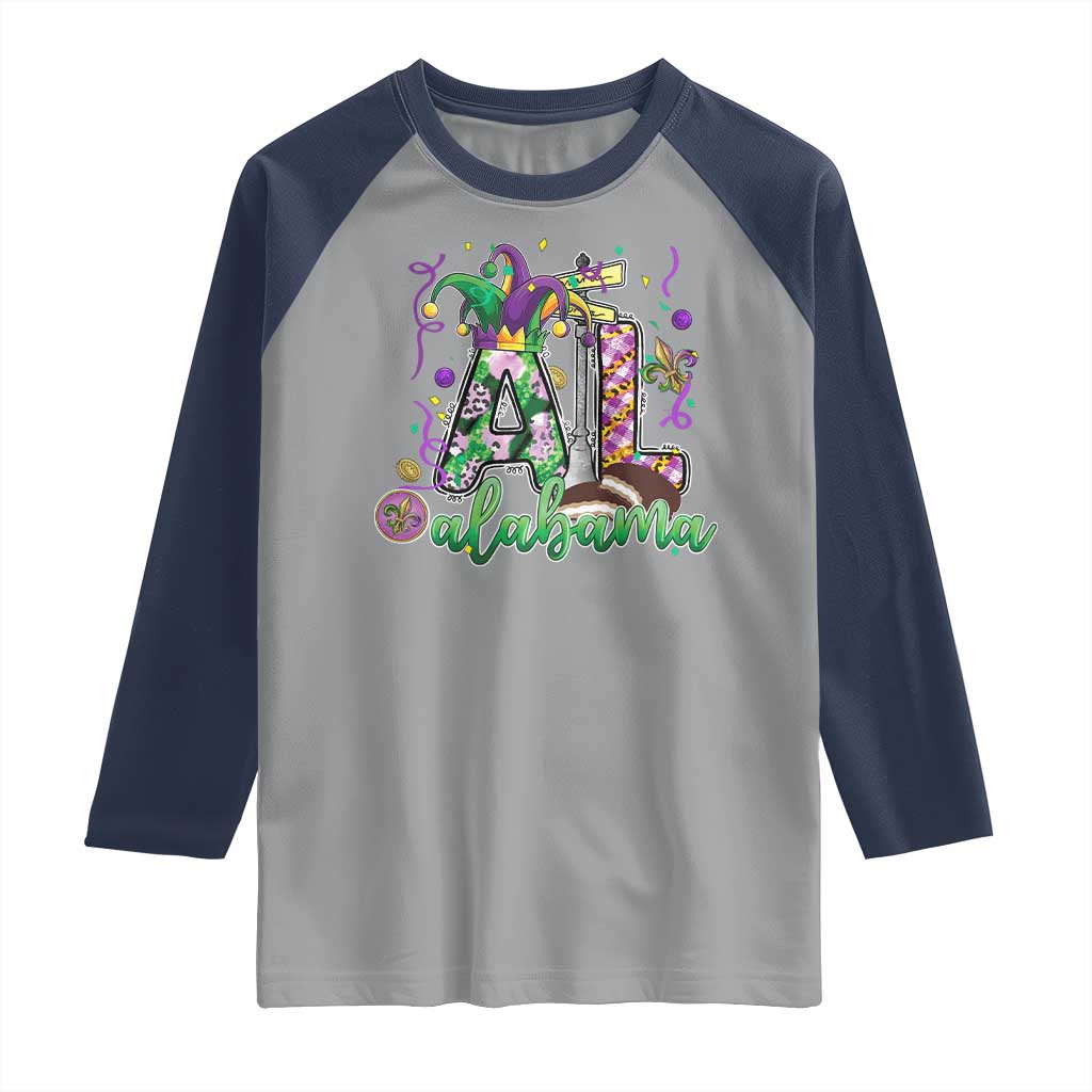 Funny Mardi Gras In Alabama AL Raglan Shirt Moon Pie Jester Hat TS11 Sport Gray Navy Print Your Wear