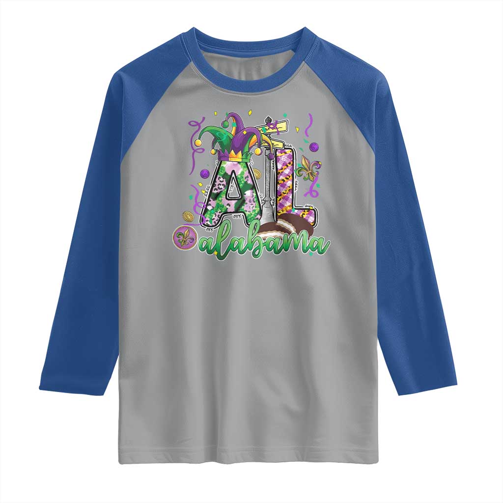 Funny Mardi Gras In Alabama AL Raglan Shirt Moon Pie Jester Hat TS11 Sport Gray Royal Print Your Wear