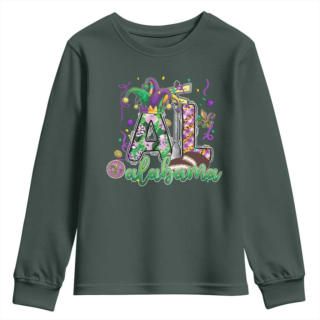 Funny Mardi Gras In Alabama AL Youth Sweatshirt Moon Pie Jester Hat TS11 Dark Forest Green Print Your Wear