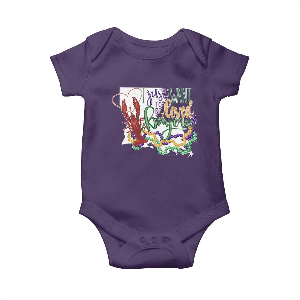 Funny Mardi Gras Louisiana Baby Onesie I Just Want To Be Loved Bayou Crawfish Beads TS11 Purple Print Your Wear