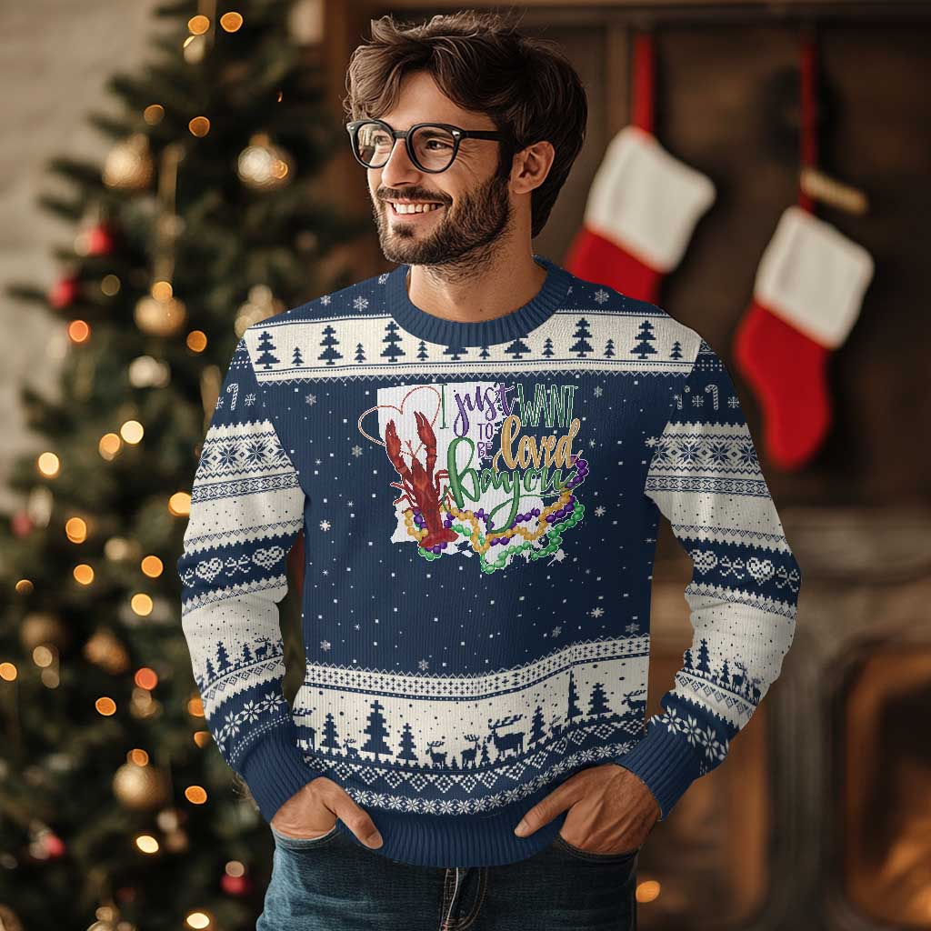 Funny Mardi Gras Louisiana Ugly Christmas Sweater I Just Want To Be Loved Bayou Crawfish Beads TS11 Navy Beige Print Your Wear