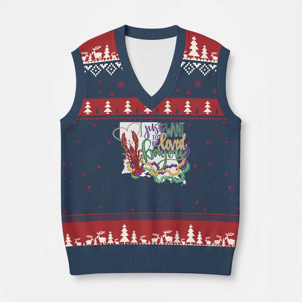 Funny Mardi Gras Louisiana V-Neck Knit Sweater Vest I Just Want To Be Loved Bayou Crawfish Beads TS11 Navy Red Print Your Wear