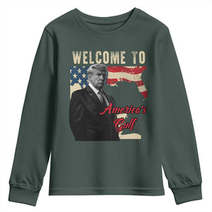 Funny Trump Welcome To America's Gulf Youth Sweatshirt Vintage American Flag TS11 Dark Forest Green Print Your Wear