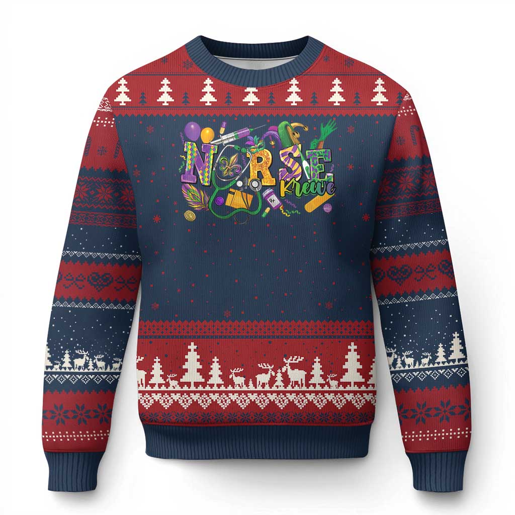 Funny Mardi Gras Nurse Krewe Healthcare Ugly Christmas Sweater TS11 Navy Red Print Your Wear