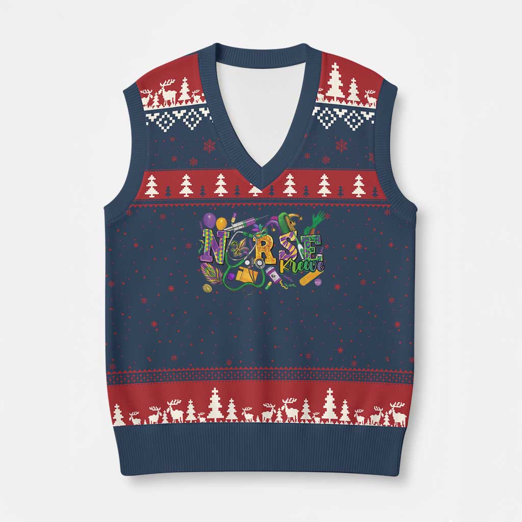 Funny Mardi Gras Nurse Krewe Healthcare V-Neck Knit Sweater Vest TS11 Navy Red Print Your Wear