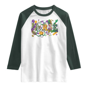 Funny Mardi Gras Nurse Krewe Healthcare Raglan Shirt TS11 White Dark Forest Green Print Your Wear