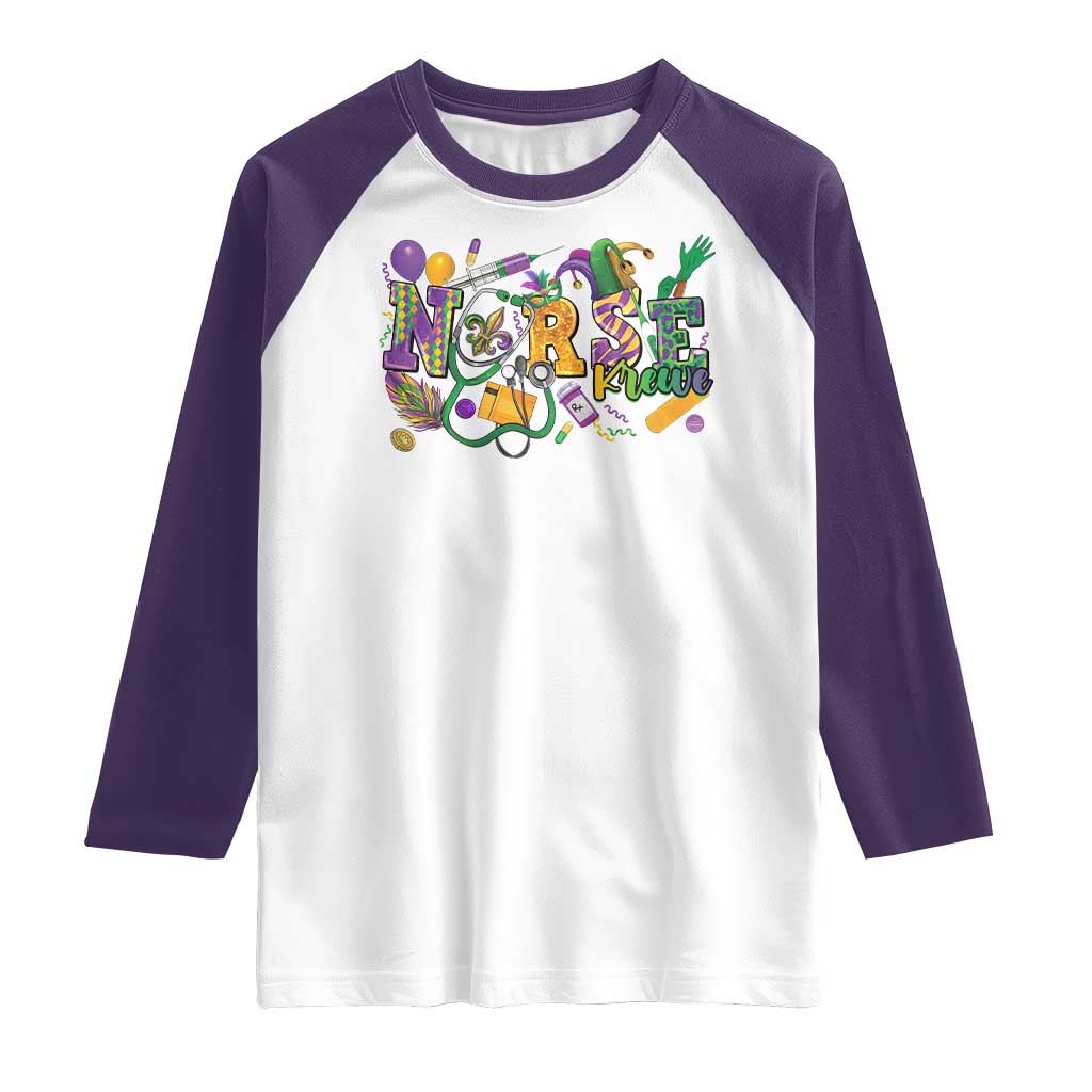 Funny Mardi Gras Nurse Krewe Healthcare Raglan Shirt TS11 White Purple Print Your Wear