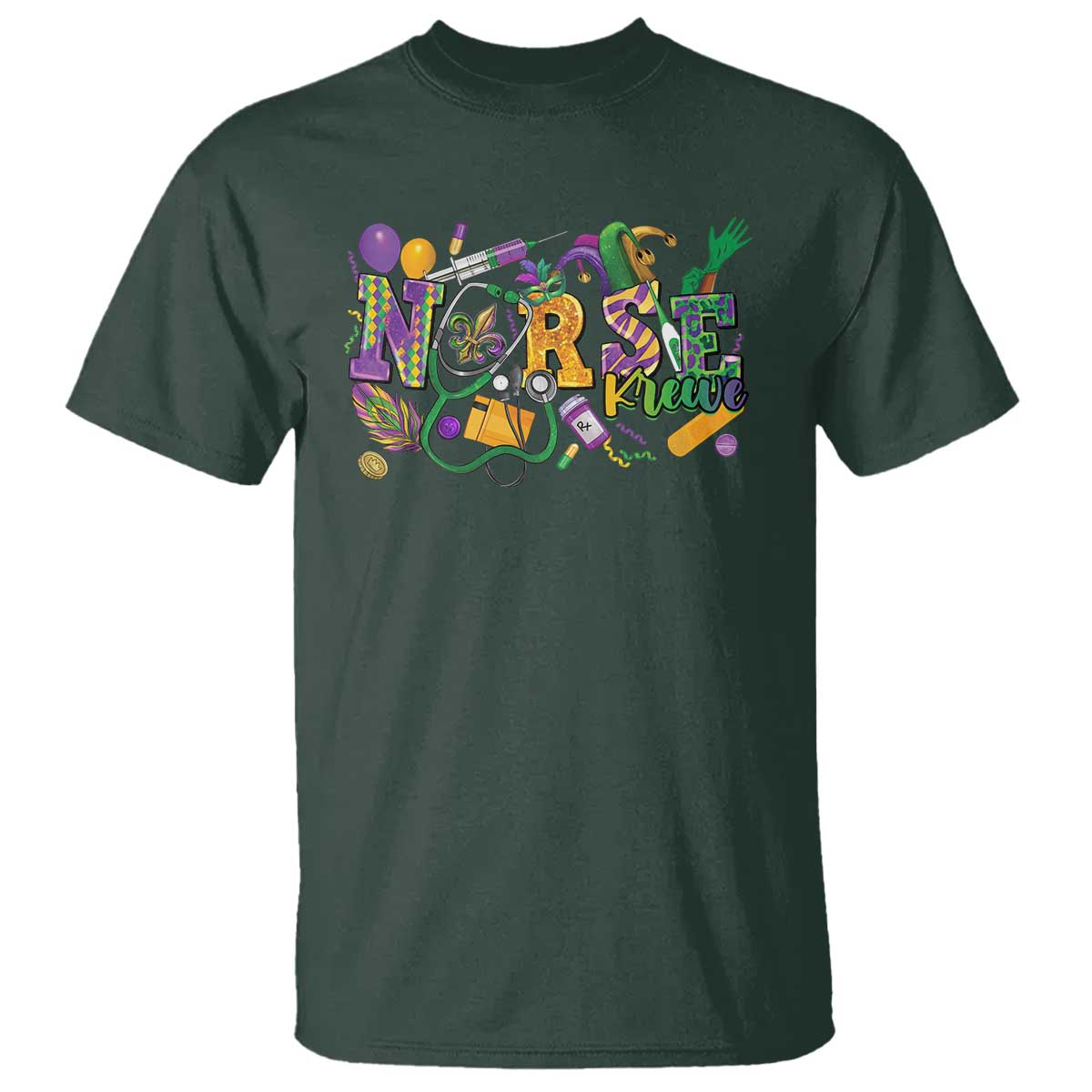 Funny Mardi Gras Nurse Krewe Healthcare T Shirt TS11 Dark Forest Green Print Your Wear